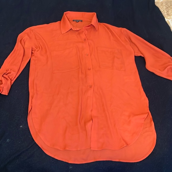 Shinestar Tops - Tangerine sheer button down with adjustable sleeves. Women’s SMALL
